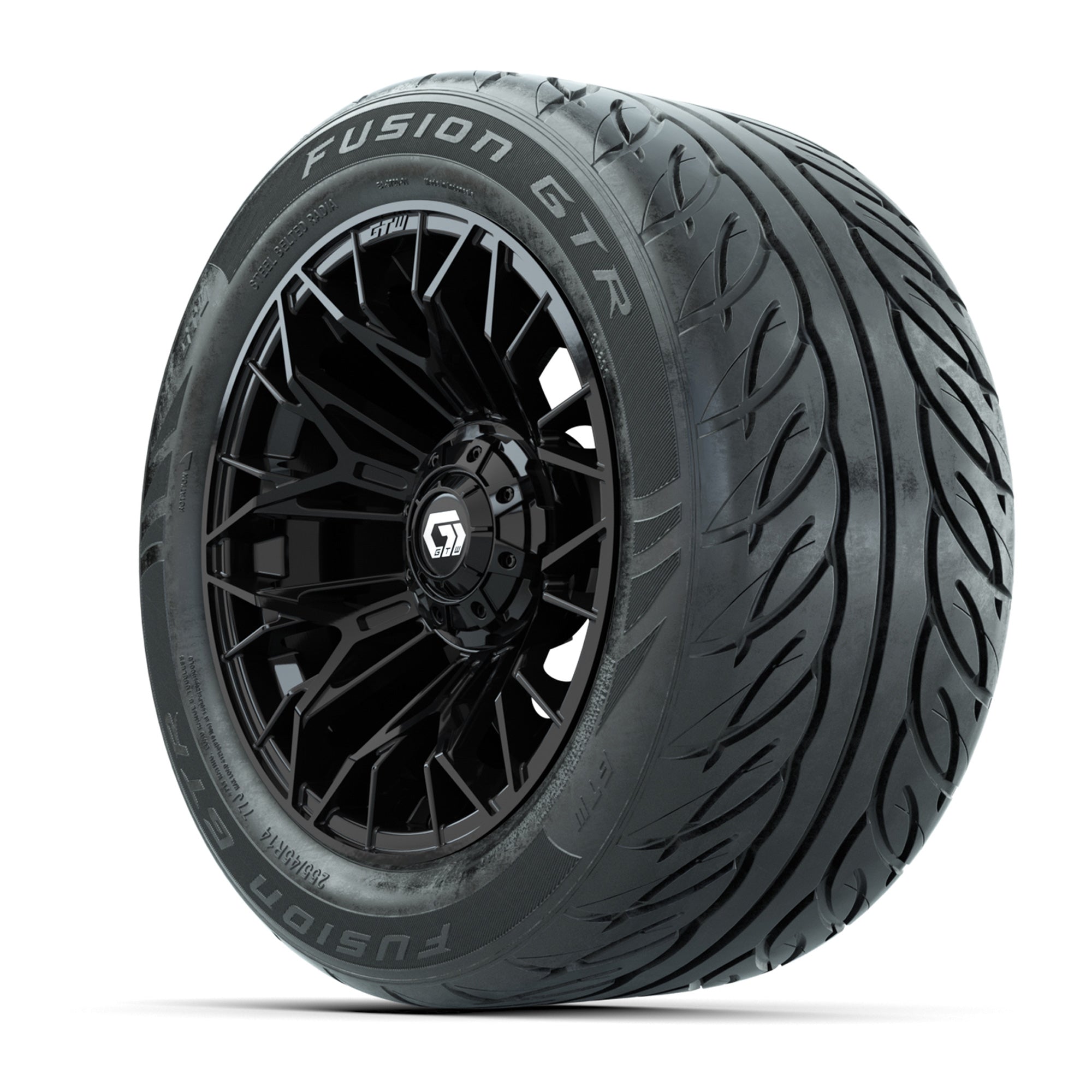 GTW® Stellar Black 14 in Wheels with 255/45-R14 Fusion GTR S - 3/4 view