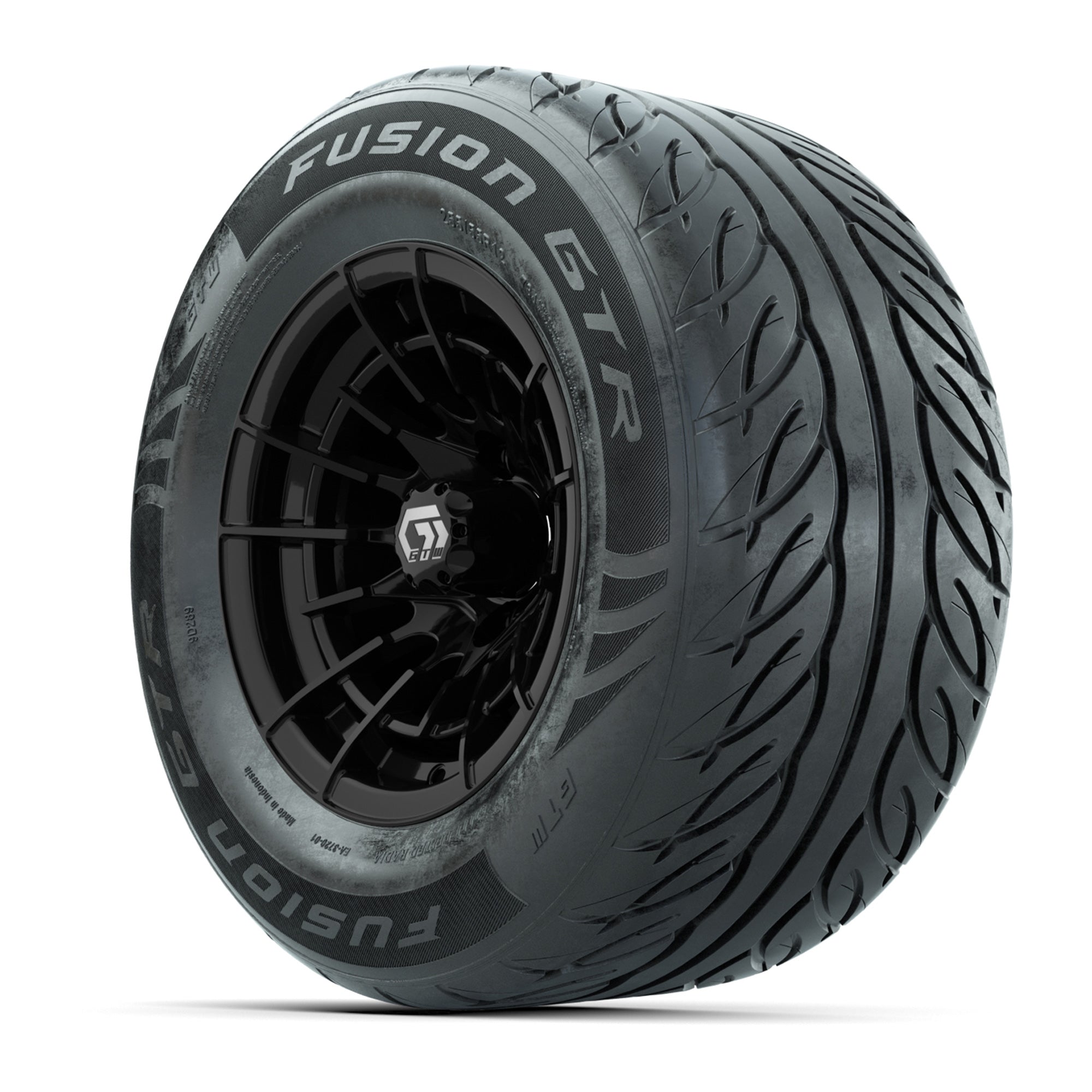 GTW® Boost Gloss Black 12 in Wheels with 255/55-R12 Fusion GTR Steel Belt Radial Street Tires – Full Set