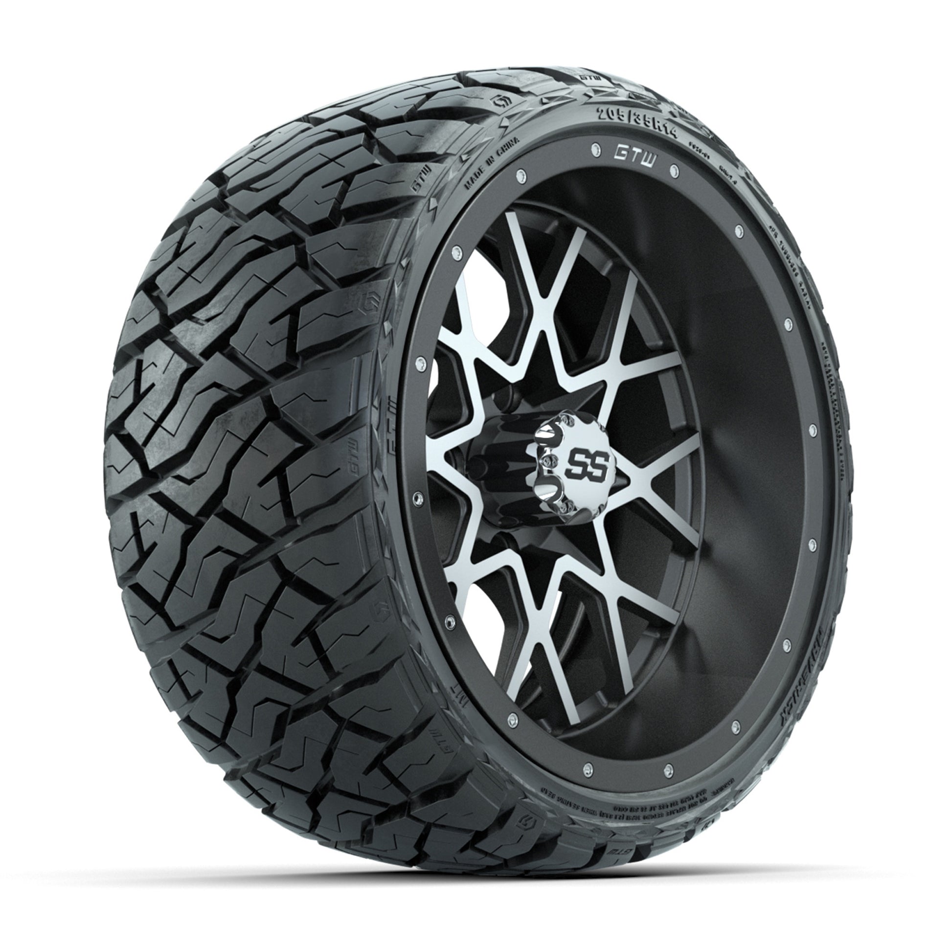 GTW® Vortex Matte Gray/Machined 14 in Wheels with 205/35-R14 Maverick Low-Profile All-Terrain Tires – Full Set