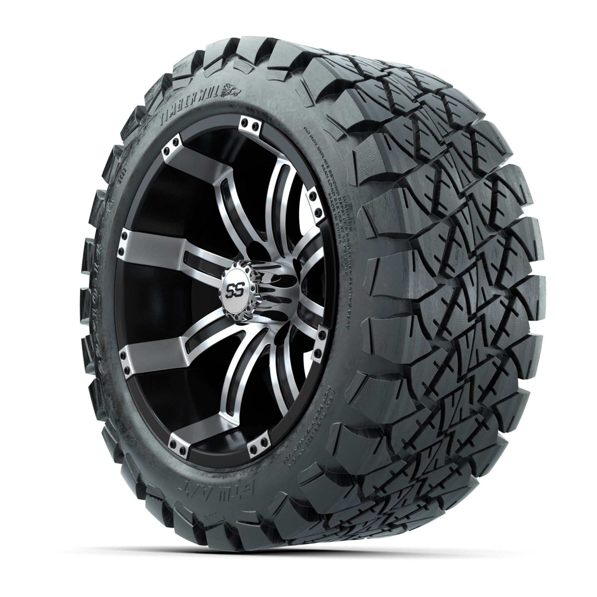 GTW Tempest Black and Machined Wheels with 22in Timberwolf M - 3/4 view