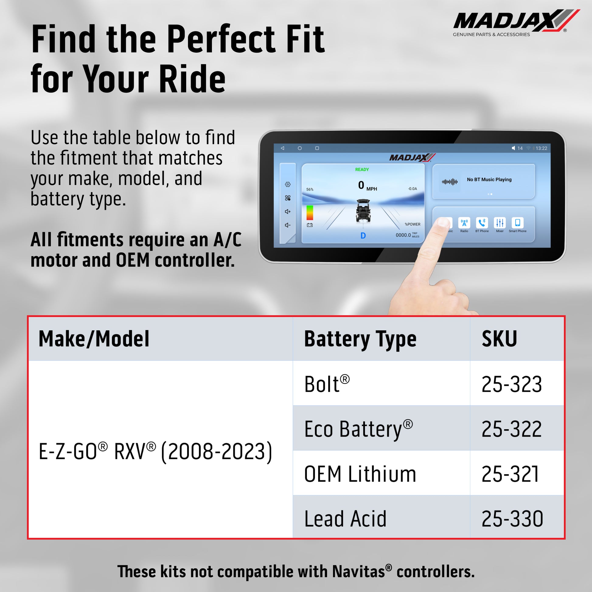 MadJax® Kinect™ Display Screen Kit for A/C motor EZGO RXV wi