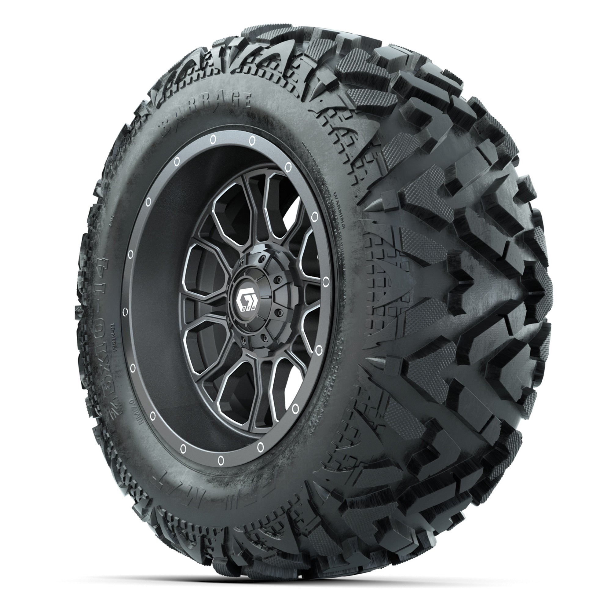 GTW Volt Gunmetal 14 in Wheels with 25x10-14 Barrage Mud Tir - 3/4 view