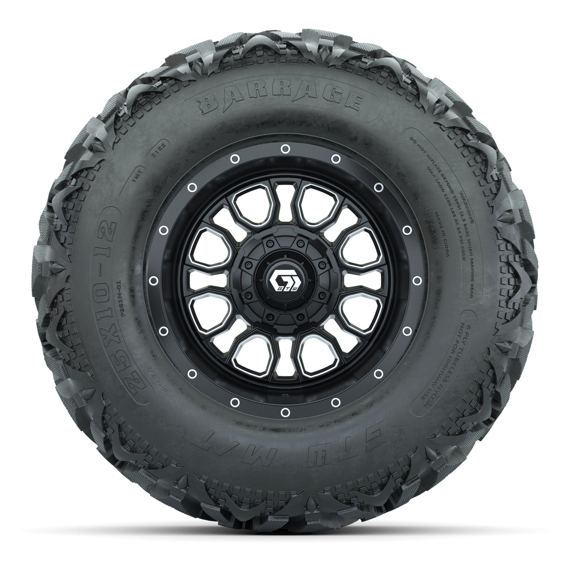 GTW® Volt Black/Machined 12 in Wheels with 25X10-12 Barrage Mud Tires – Full Set