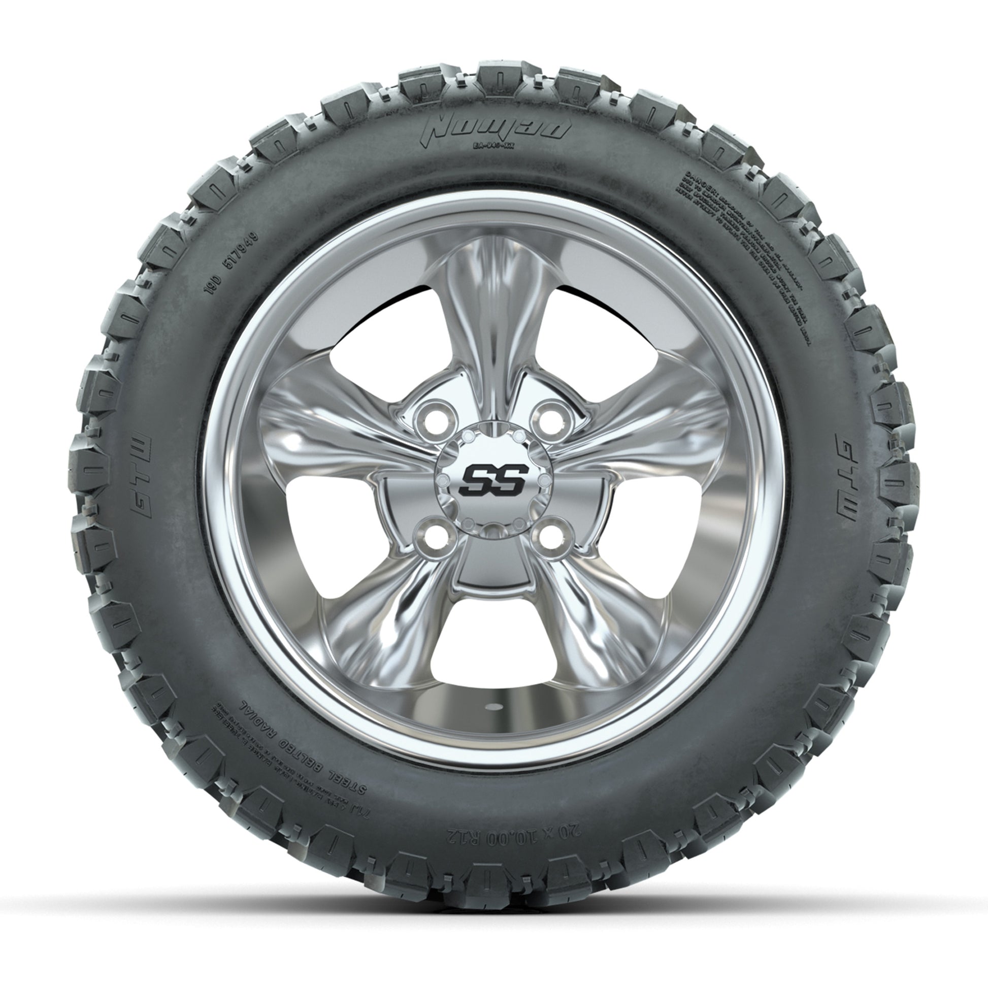 GTW® Godfather Chrome 12 in Wheels with 20X10-12 Nomad Steel Belt Radial All-Terrain Tires – Full Set