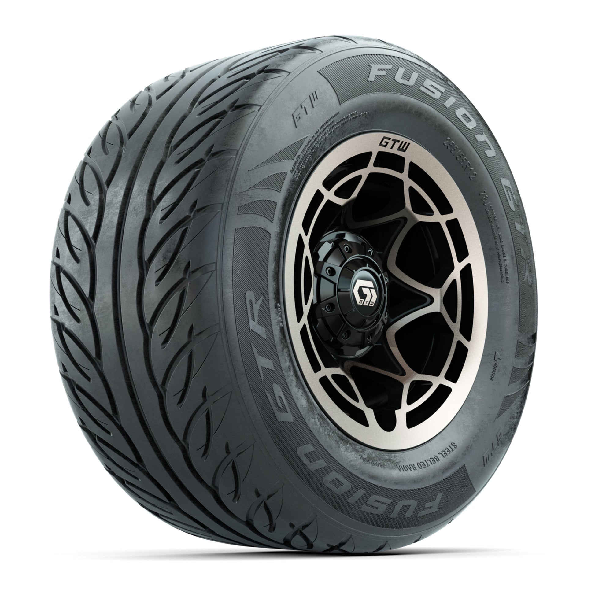 GTW® Nexus Black with Bronze Face 12 in Wheels with 255/55-R12 Fusion GTR Steel Belt Radial Street Tires – Full Set