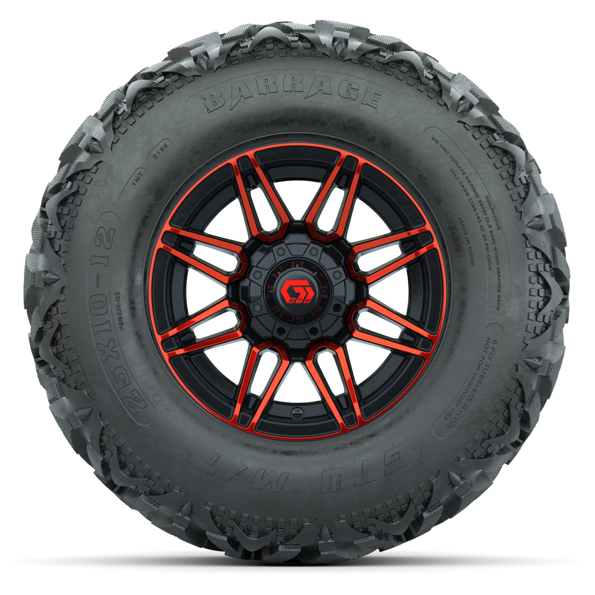 GTW® Stealth Red/Machined 12 in Wheels with 25X10-12 Barrage Mud Tires – Full Set