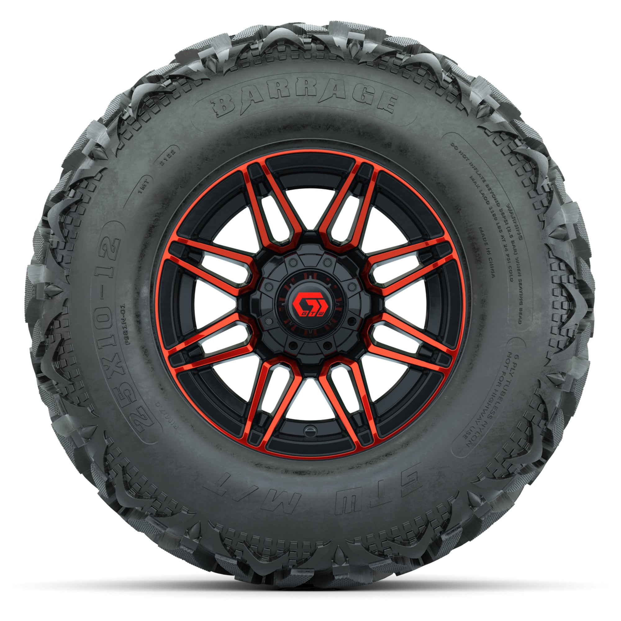 GTW® Stealth Red/Machined 12 in Wheels with 25X10-12 Barrage Mud Tires – Full Set