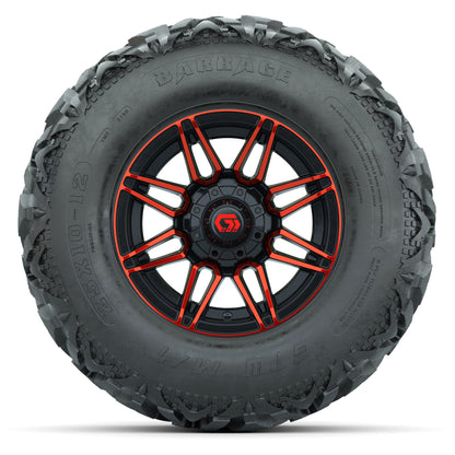 GTW® Stealth Red/Machined 12 in Wheels with 25X10-12 Barrage Mud Tires – Full Set