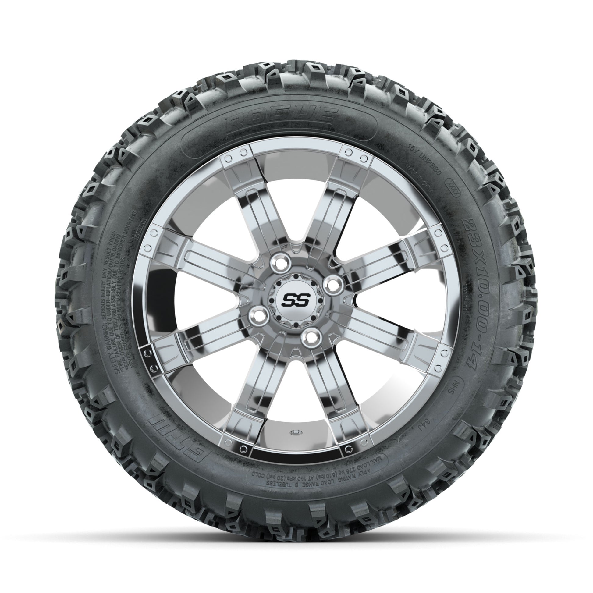 GTW Tempest Chrome 14 in Wheels with 23x10.00-14 Rogue All T - front view