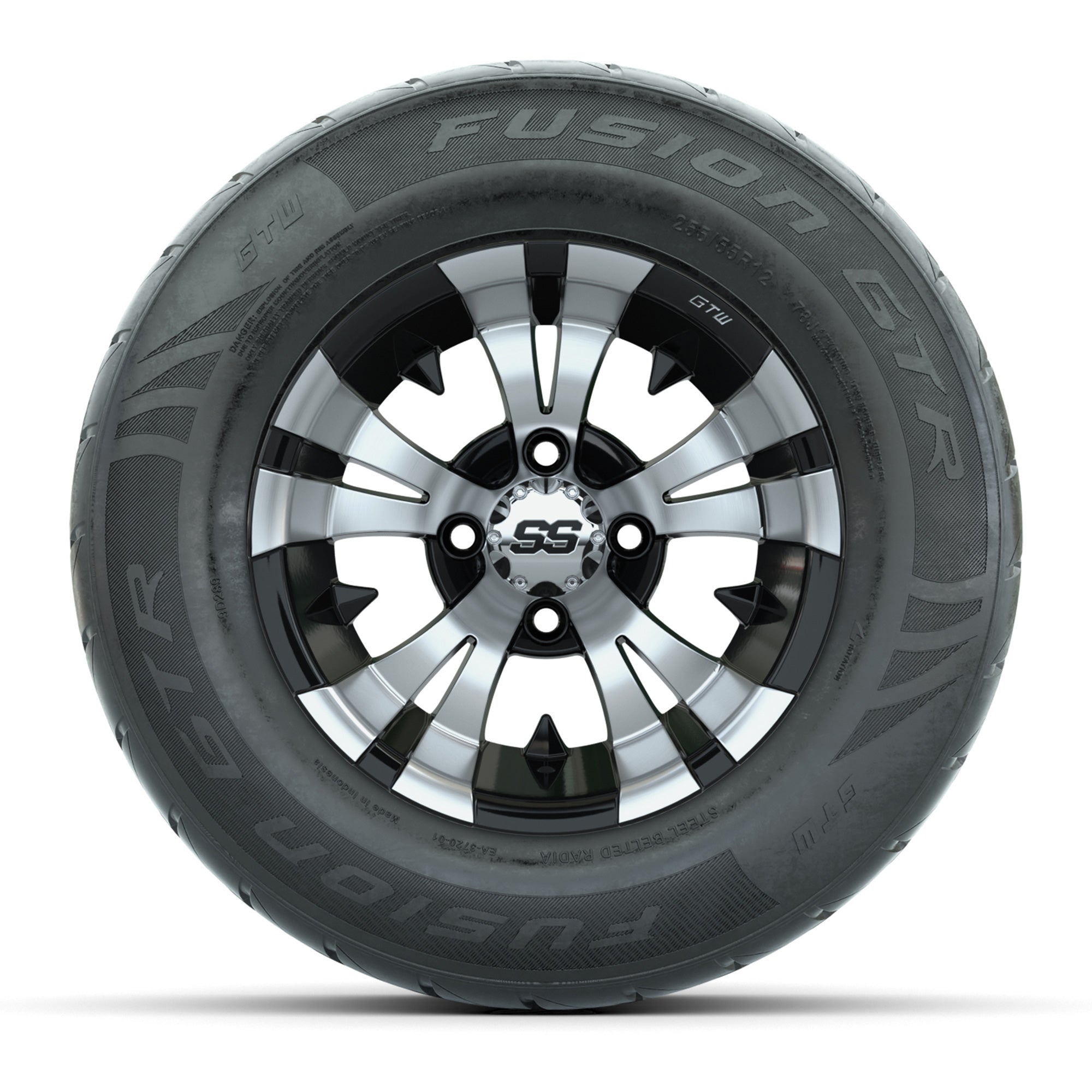 GTW® Vampire Black/Machined 12 in Wheels with 255/55-R12 Fusion GTR Steel Belt Radial Street Tires – Full Set