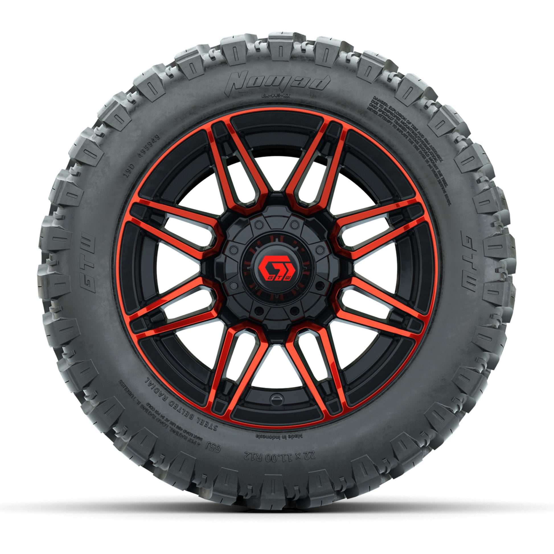 GTW® Stealth Red/Machined 12 in Wheels with 22X11-R12 Nomad Steel Belt Radial All-Terrain Tires – Full Set