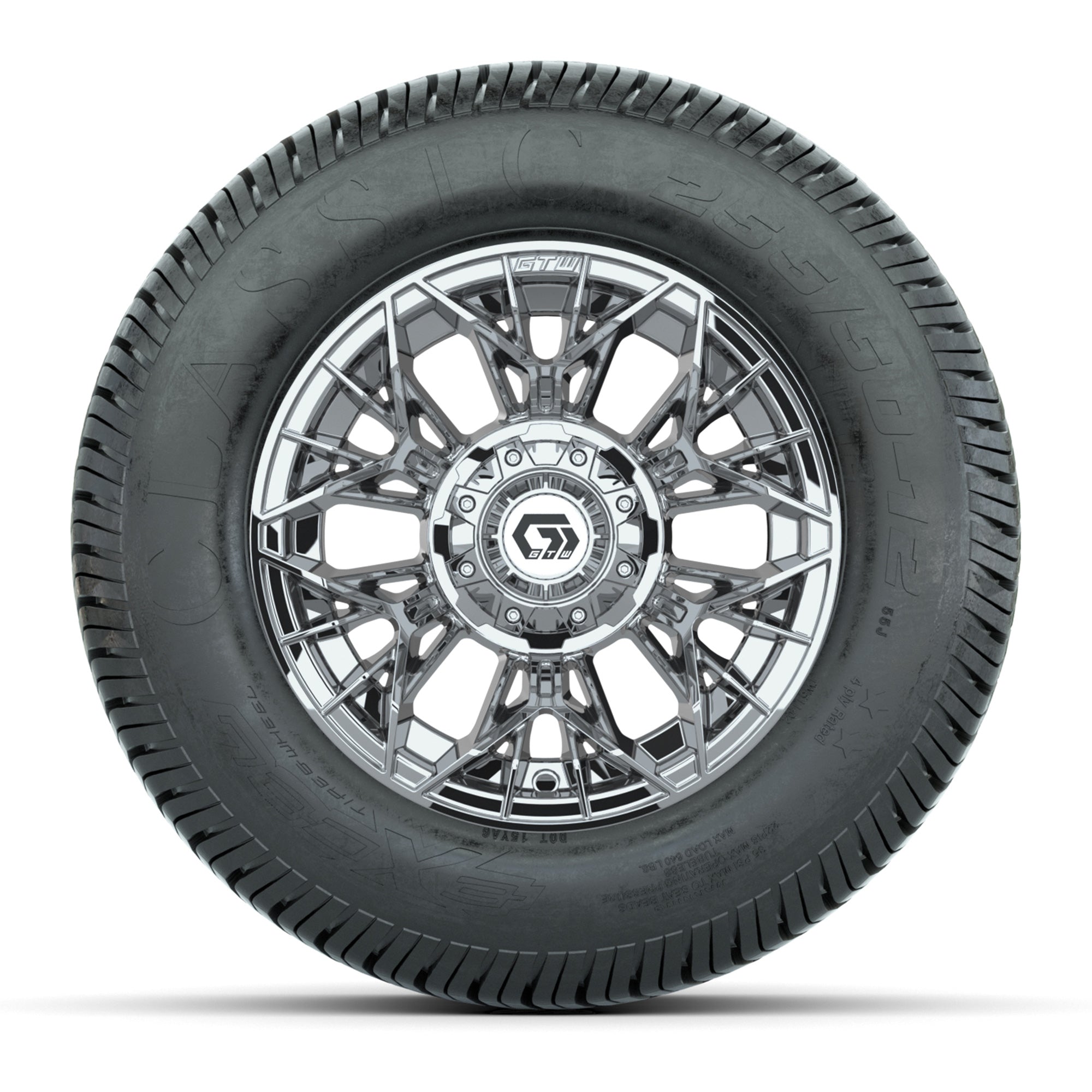 GTW® Stellar Chrome 12 in Wheels with 255/50-12 Excel Classic Street Tires – Full Set