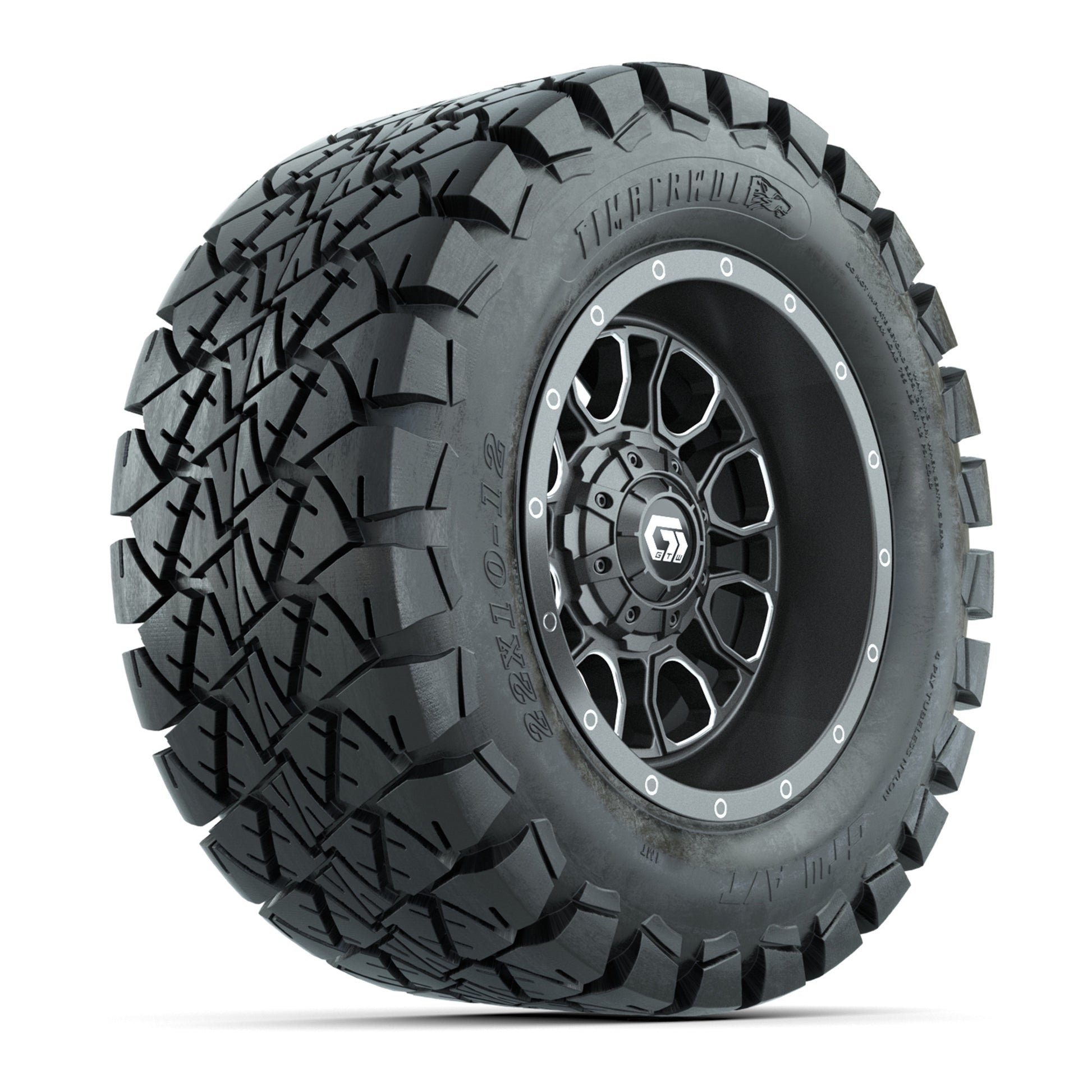 GTW® Volt Gunmetal 12 in Wheels with 22X10-12 Timberwolf All-Terrain Tires – Full Set