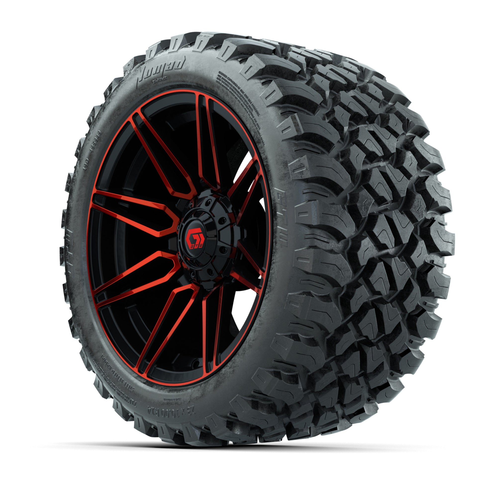 GTW® Stealth Red/Machined 14 in Wheels with 23X10-R14 Nomad  - 3/4 view
