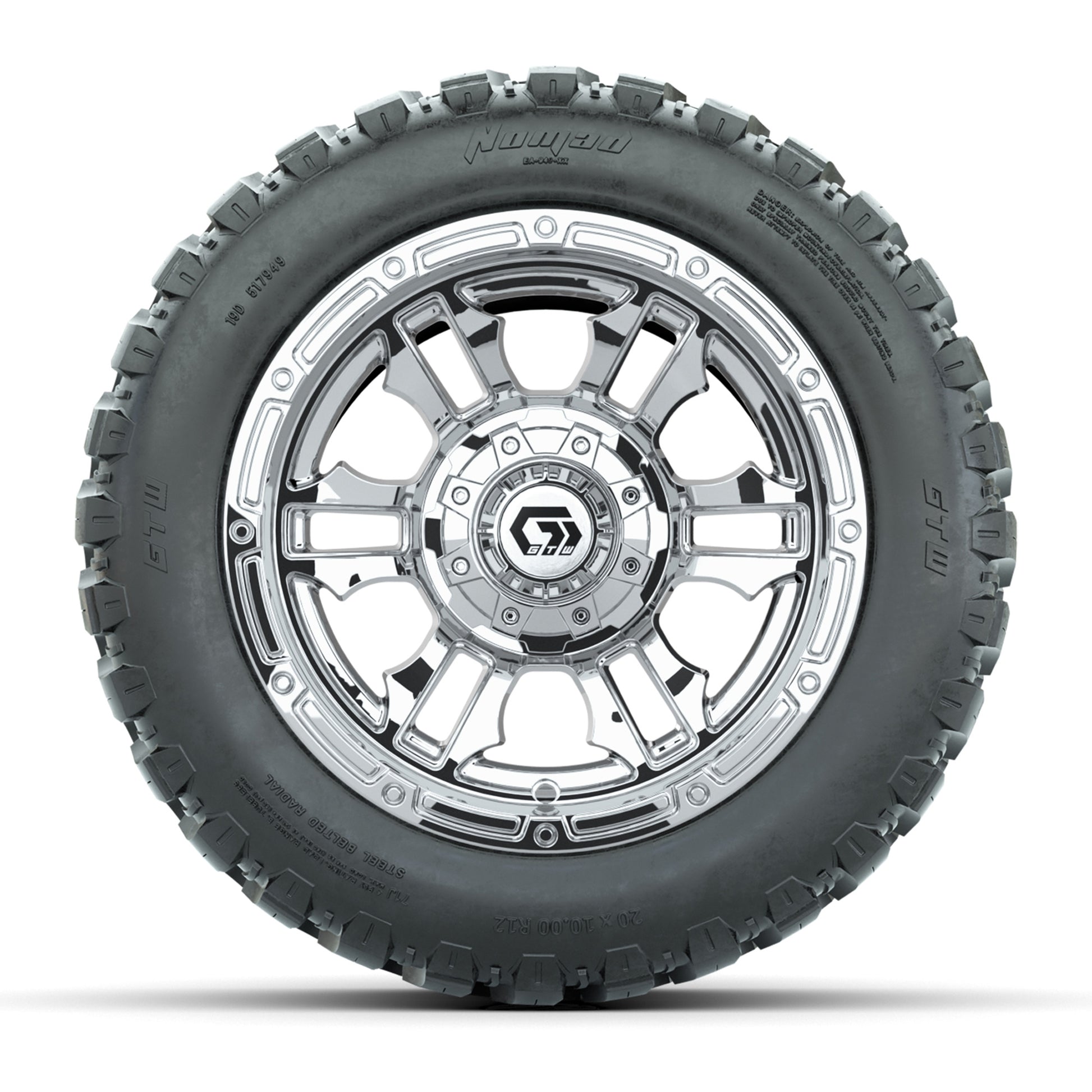 GTW® Shogun Chrome 12 in Wheels with 20X10-12 Nomad Steel Belt Radial All-Terrain Tires – Full Set