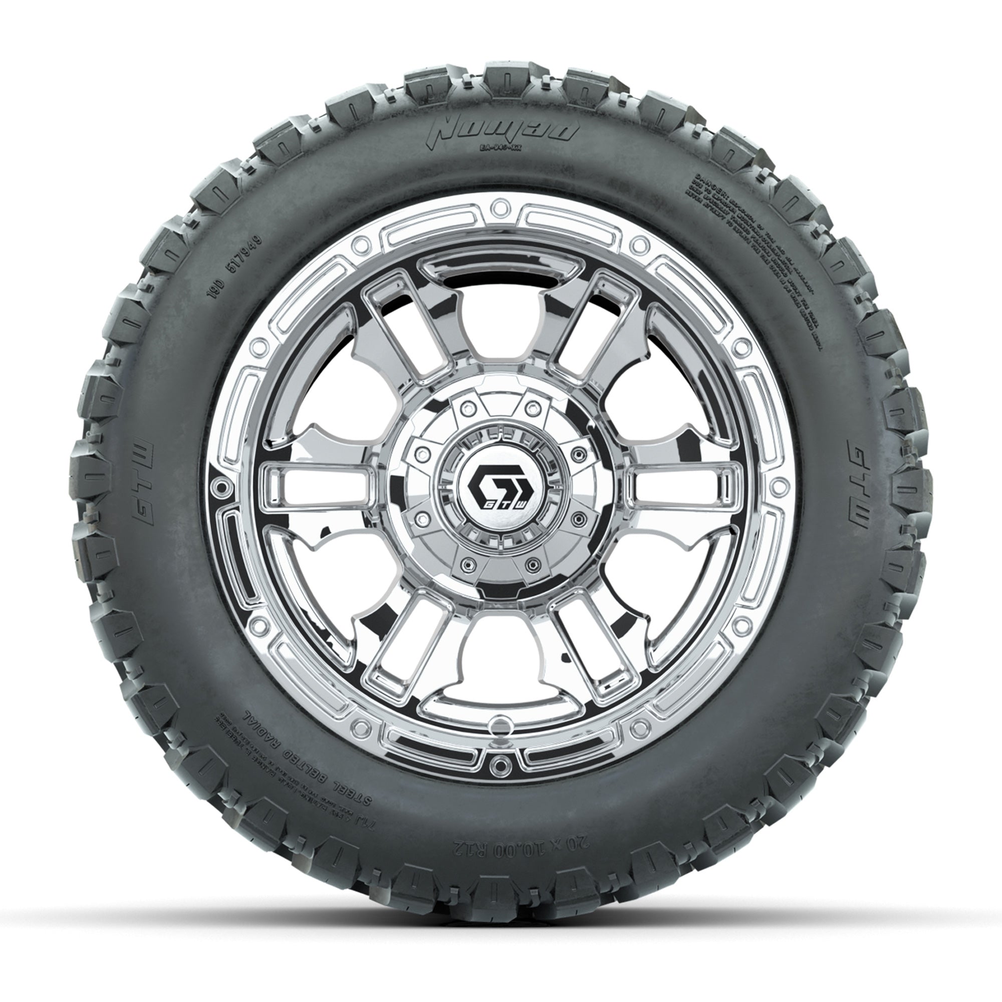 GTW® Shogun Chrome 12 in Wheels with 20X10-12 Nomad Steel Belt Radial All-Terrain Tires – Full Set
