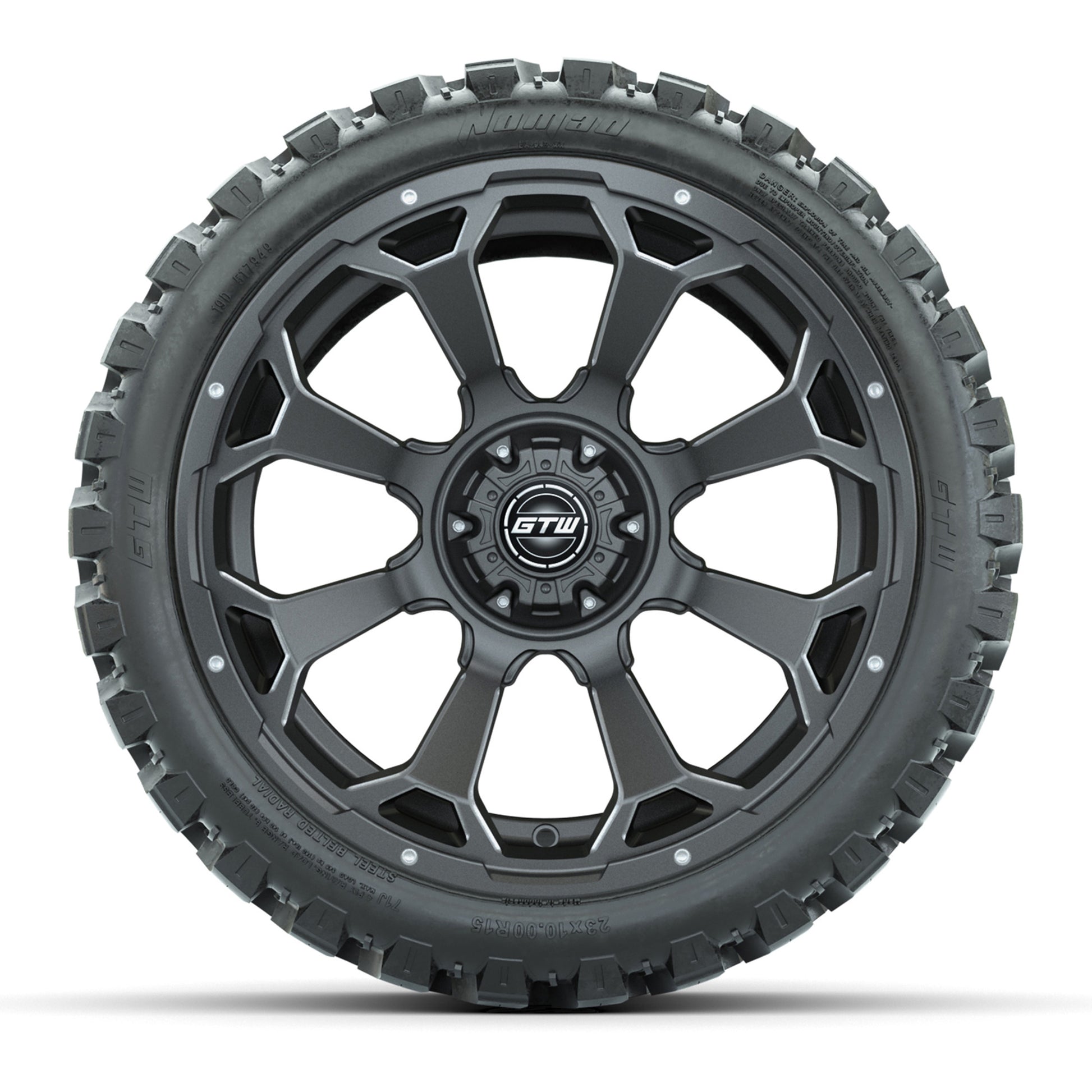 Set of (4) 15″ GTW Raven Matte Gray Wheels with 23x10-R15 Nomad All-Terrain Tires