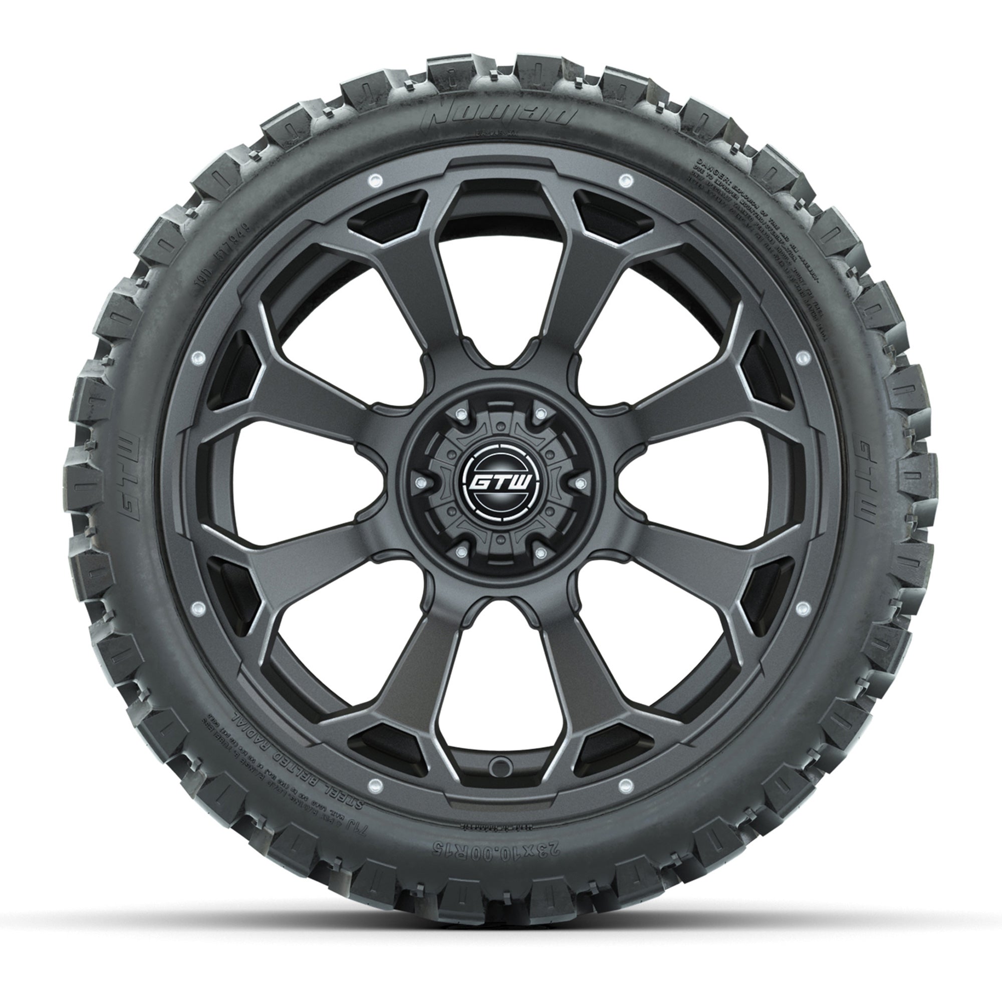 Set of (4) 15″ GTW Raven Matte Gray Wheels with 23x10-R15 Nomad All-Terrain Tires