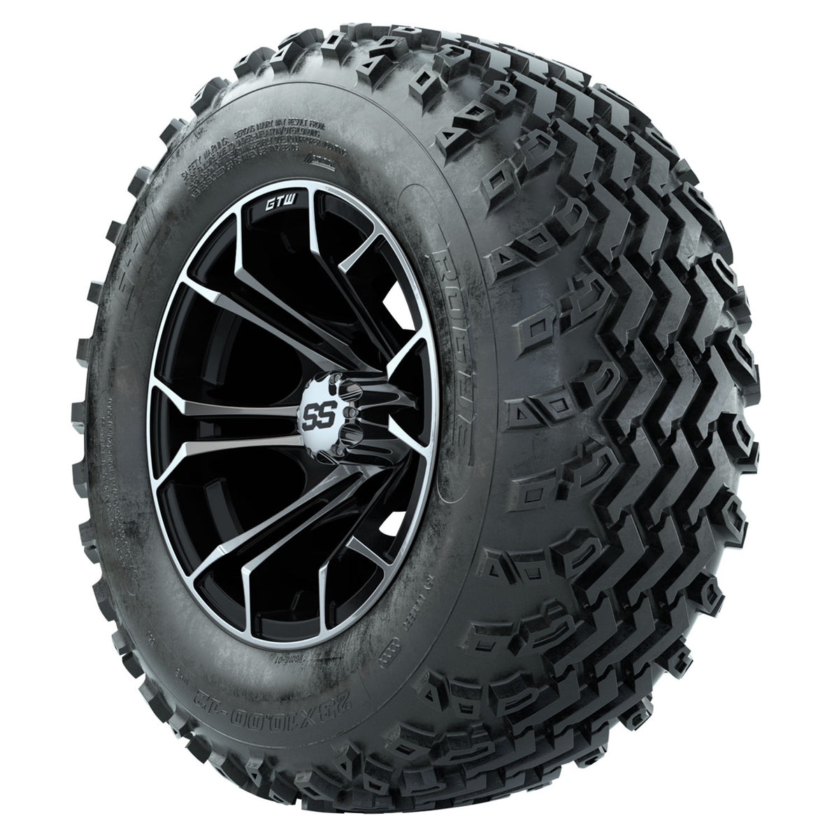 GTW 12 inch Spyder machined black wheels with Rogue all-terrain tires - Set of Four