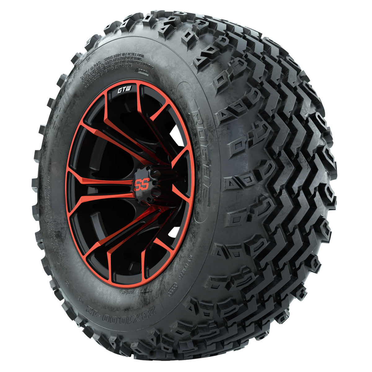 GTW 12 inch Spyder red and black wheels with Rogue all-terrain tires - Set of Four