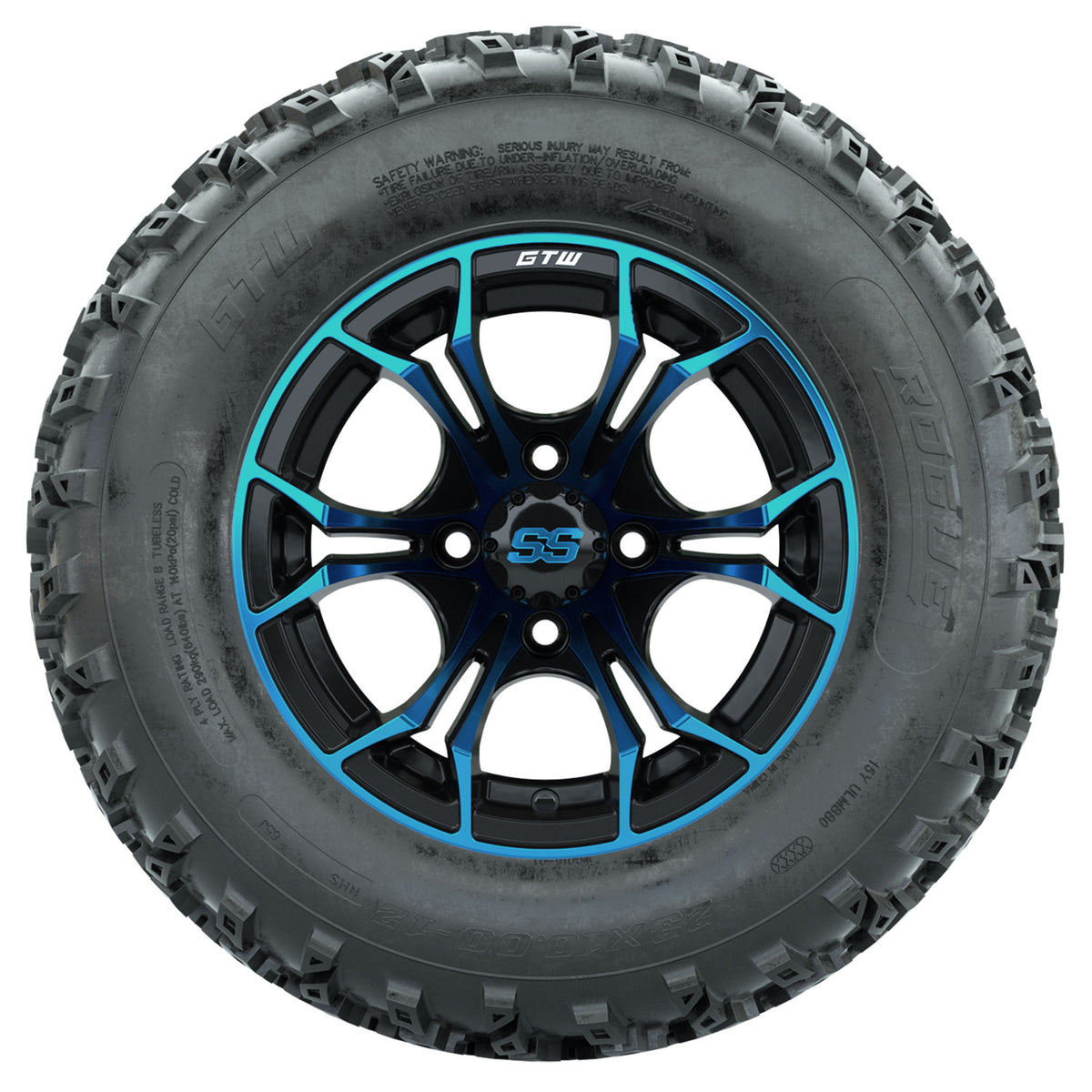 GTW 12 inch Spyder blue and black wheels with Rogue all-terrain tires - Set of Four