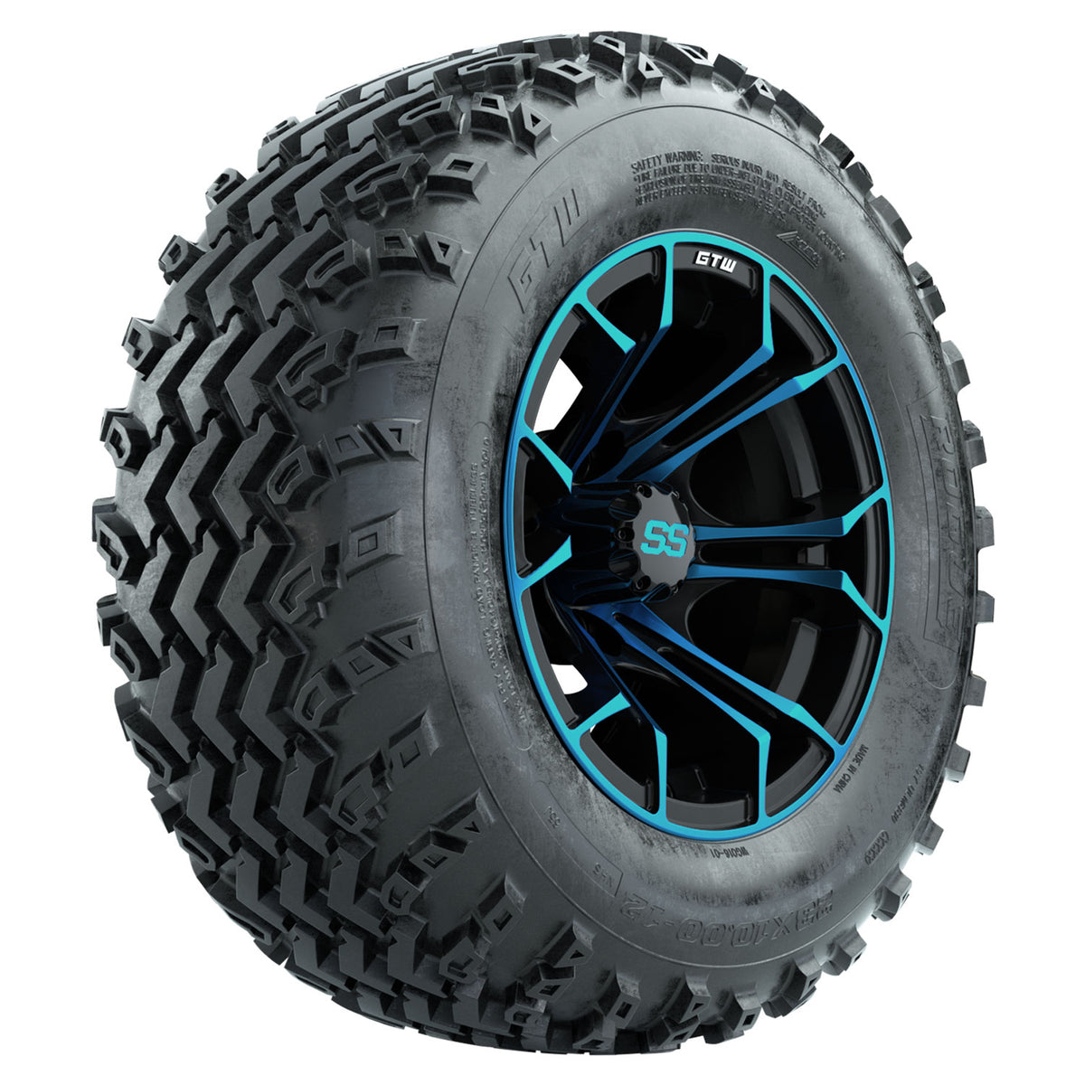 GTW 12 inch Spyder blue and black wheels with Rogue all-terrain tires - Set of Four