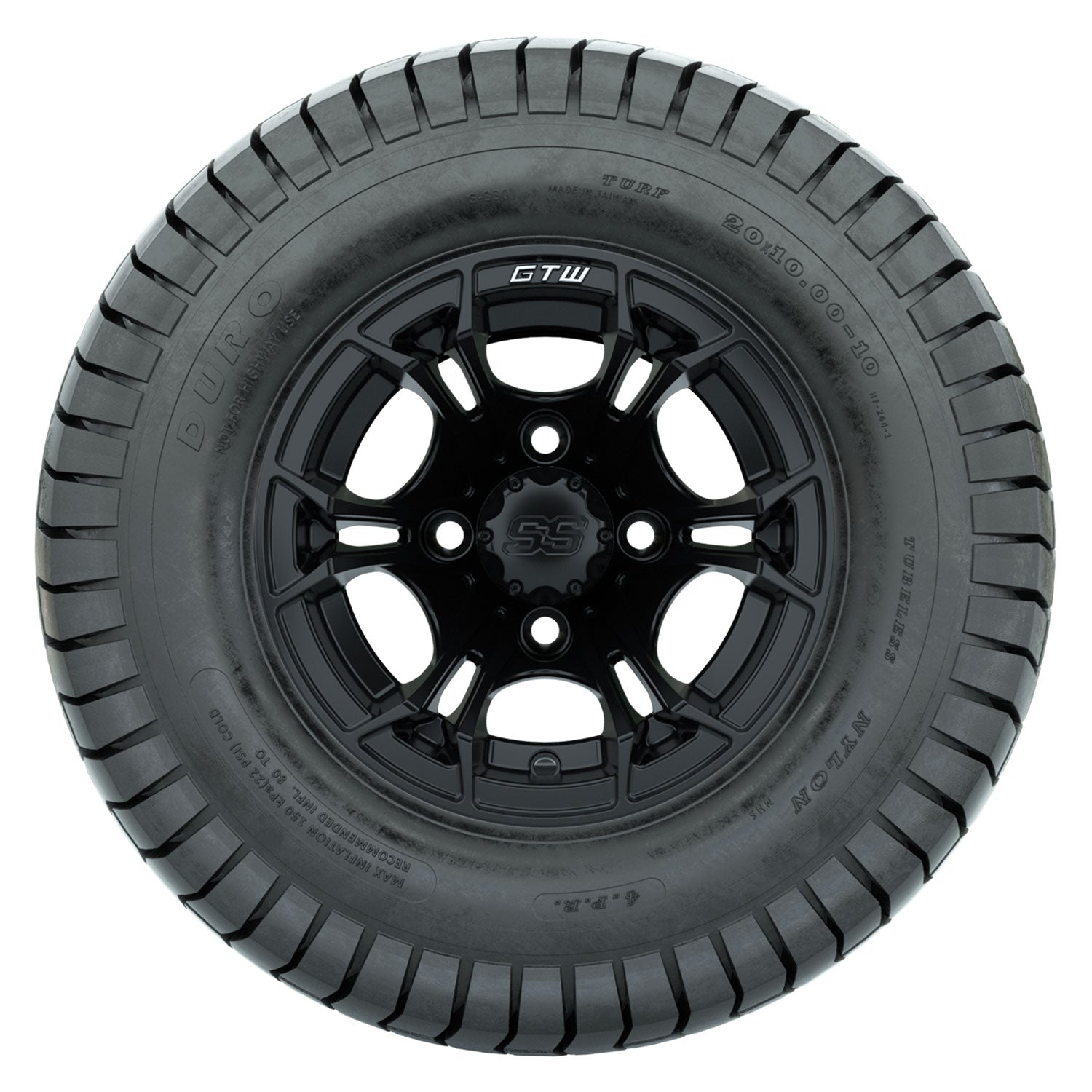 GTW 10 inch Spyder matte black wheels with Duro Soft street tires - Set of Four