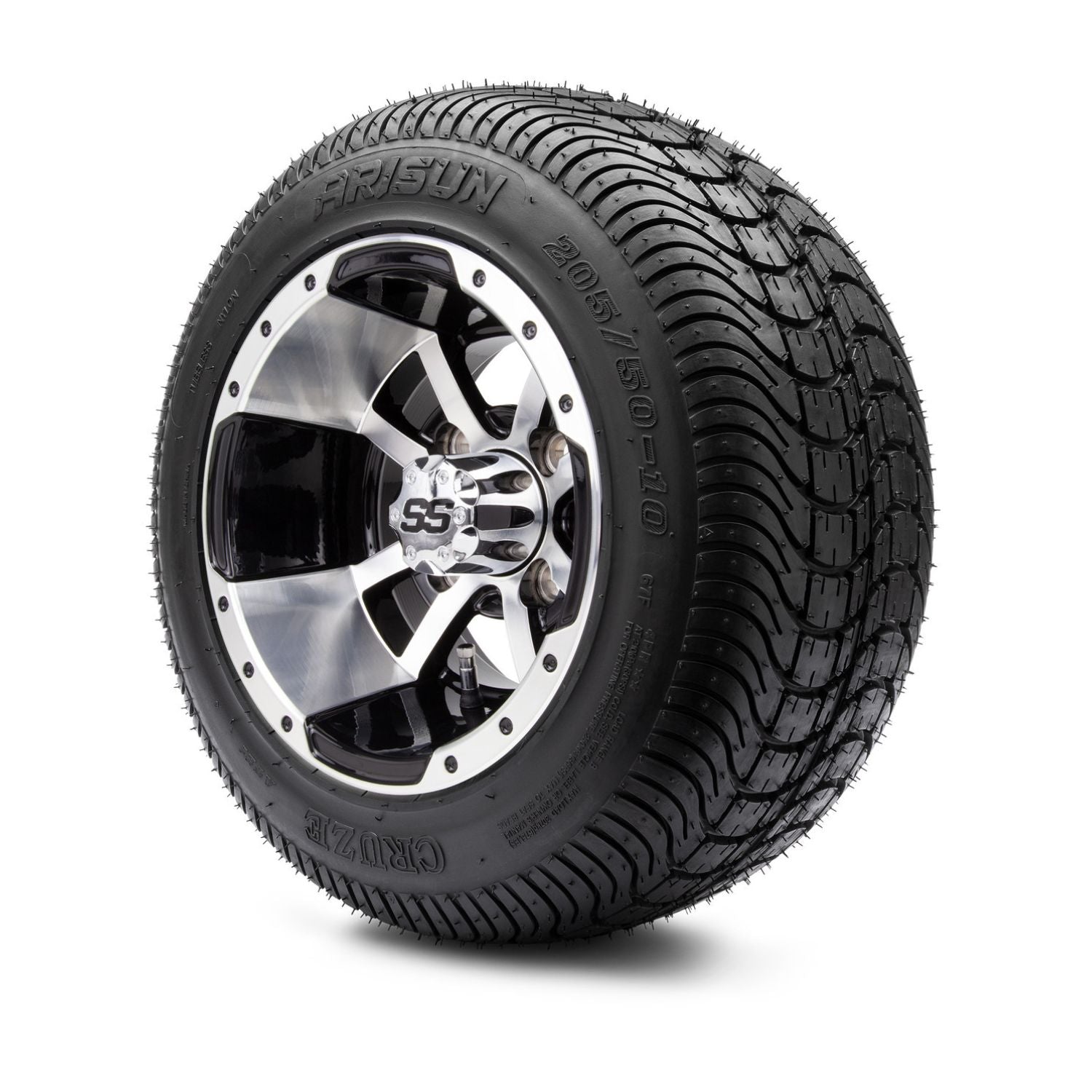 MODZ® 10" Storm Trooper Machined Black Wheels & Street Tires Combo (Arisun Cruze 205/50-10)