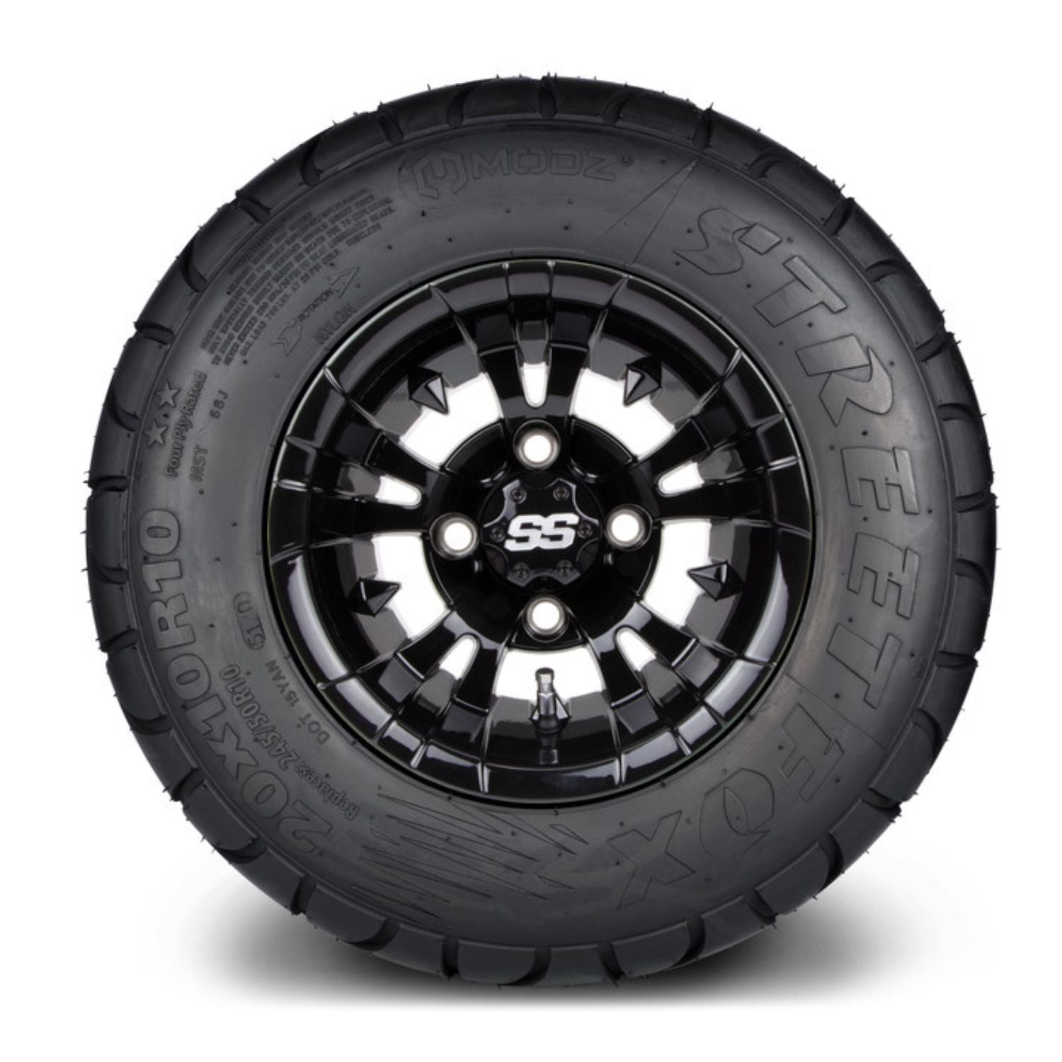 MODZ® 10" Vampire Glossy Black Wheels & Street Tires Combo (MODZ Street Fox Radial 20x10-10)