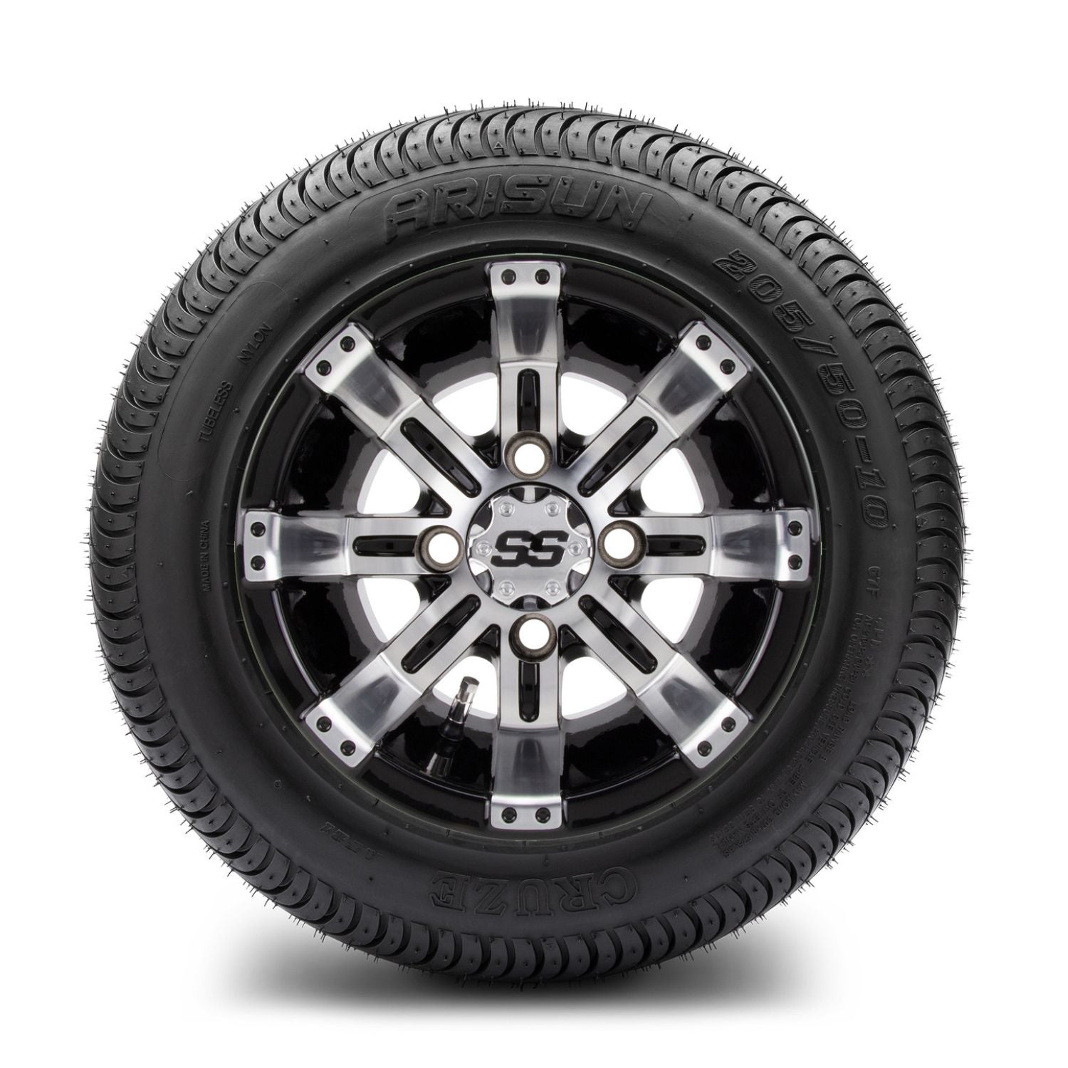 MODZ® 10" Tempest Machined Black Wheels & Street Tires Combo (Arisun Cruze 205/50-10)