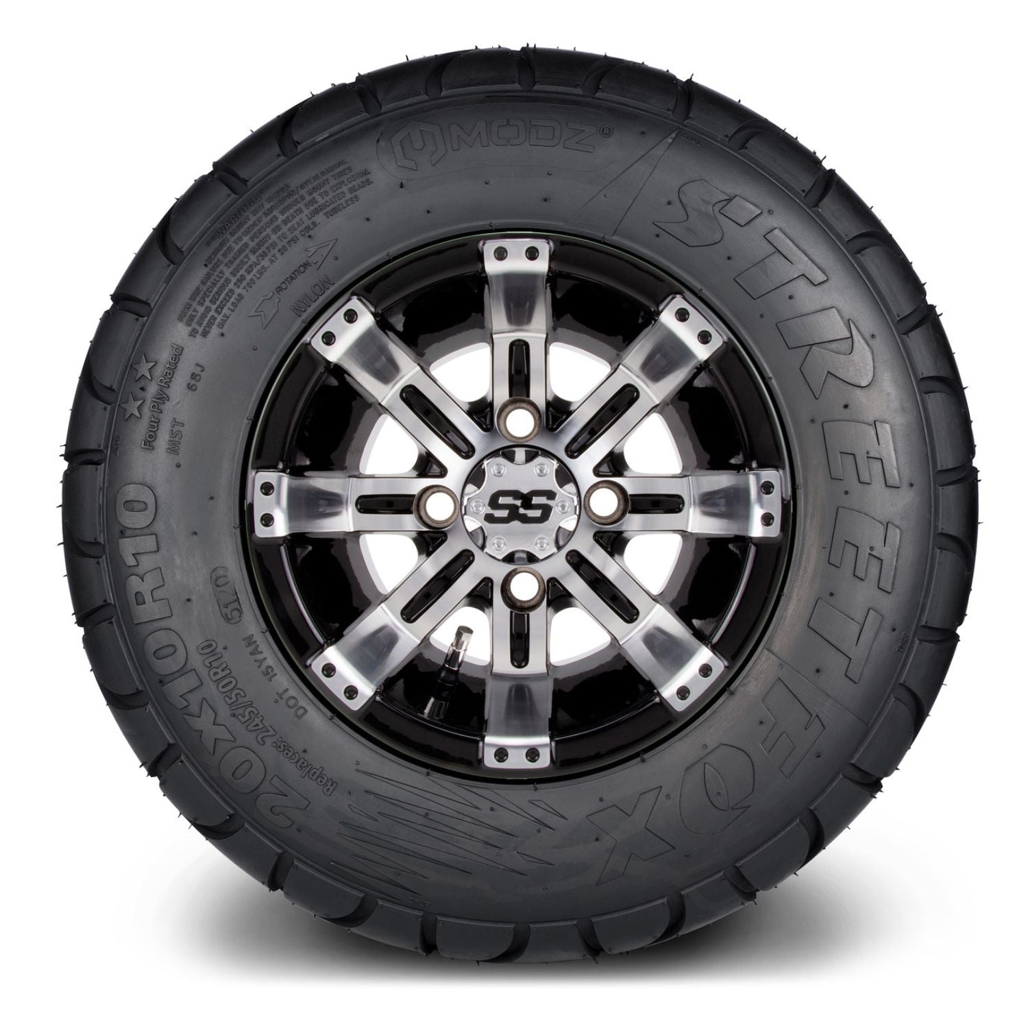 MODZ® 10" Tempest Machined Black Wheels & Street Tires Combo (MODZ Street Fox Radial 20x10-10)