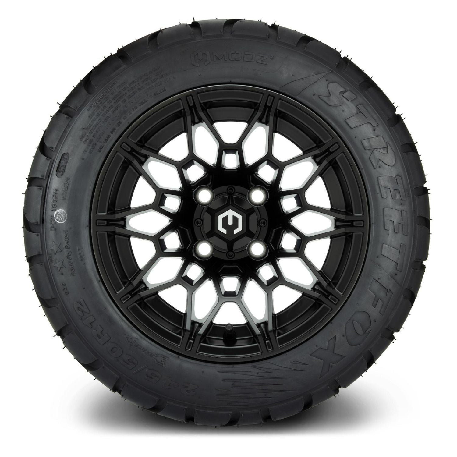 MODZ® 12" Galaxy Matte Black Wheels & Street Tires Combo (MODZ Street Fox Radial 245/50-12)
