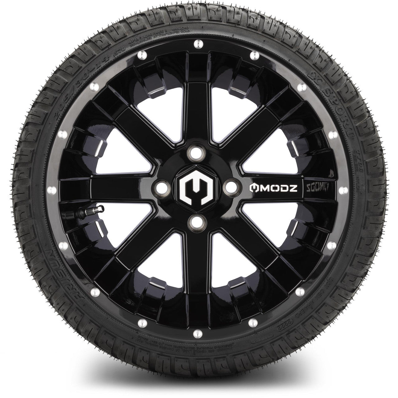MODZ® 14" Assault Glossy Black with Ball Mill Wheels & Street Tires Combo (Odyssey Tesseract Steel Belted Radial 215/50-14)