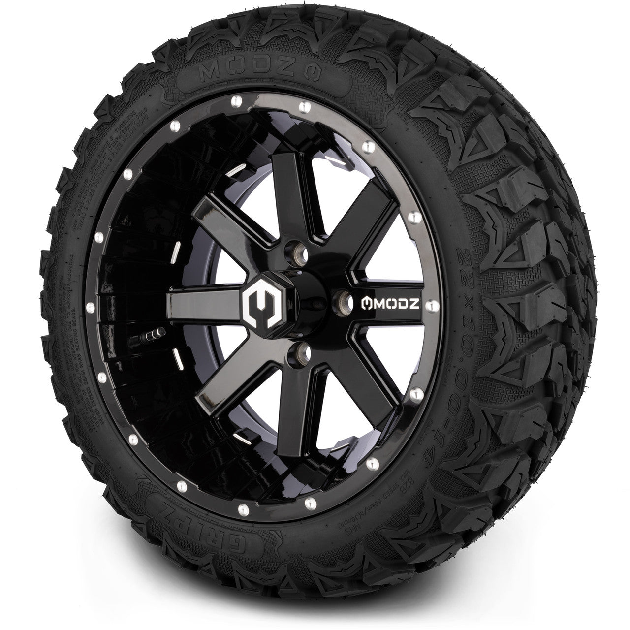 MODZ® 14" Assault Glossy Black with Ball Mill Wheels & Off-Road Tires Combo (Arisun X-Trail All-Terrain 23x10-14)