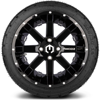 MODZ® 14" Assault Glossy Black with Ball Mill Wheels & Street Tires Combo (MODZ Street Fox Radial 205/40-14)