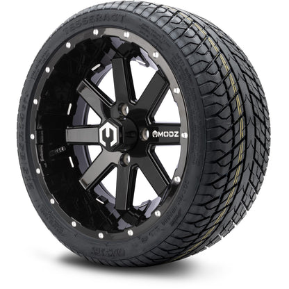 MODZ® 14" Assault Glossy Black with Ball Mill Wheels & Street Tires Combo (Odyssey Tesseract Steel Belted Radial 215/50-14)