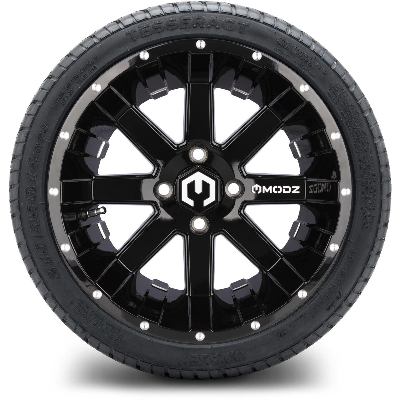 MODZ® 14" Assault Glossy Black with Ball Mill Wheels & Street Tires Combo (Odyssey Tesseract Steel Belted Radial 215/35-14)