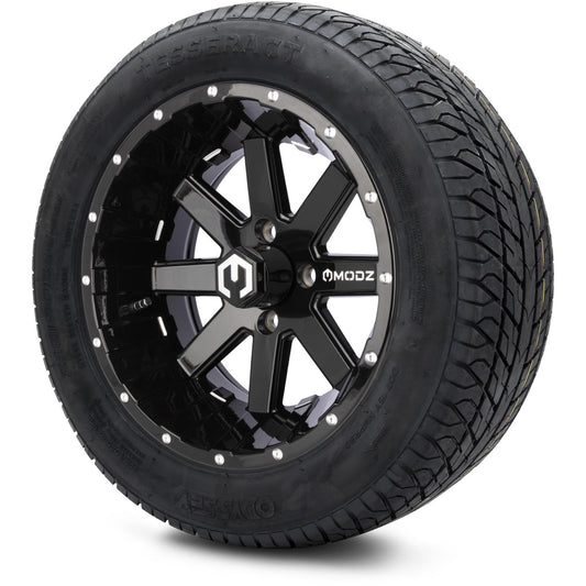 MODZ® 14" Assault Glossy Black with Ball Mill Wheels & Street Tires Combo (Odyssey Tesseract Steel Belted Radial 215/50-14)
