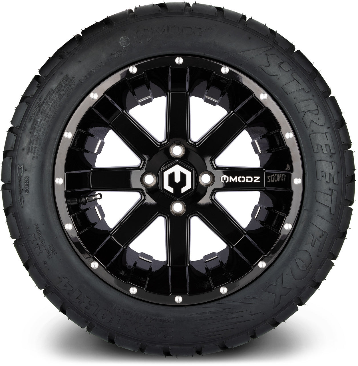 MODZ® 14" Assault Glossy Black with Ball Mill Wheels & Street Tires Combo (Odyssey Tesseract Steel Belted Radial 215/50-14)
