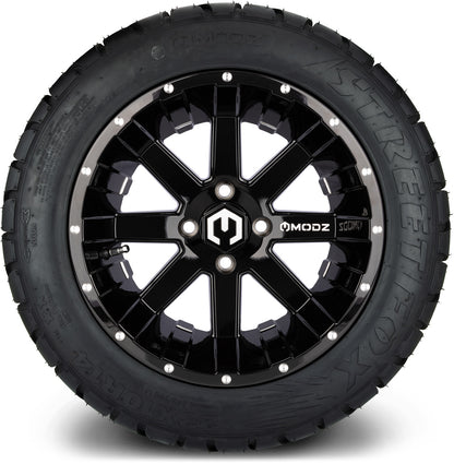 MODZ® 14" Assault Glossy Black with Ball Mill Wheels & Street Tires Combo (Odyssey Tesseract Steel Belted Radial 215/50-14)