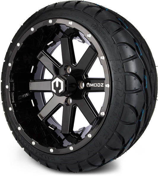 MODZ® 14" Assault Glossy Black with Ball Mill Wheels & Street Tires Combo (MODZ Street Fox Radial 205/40-14)