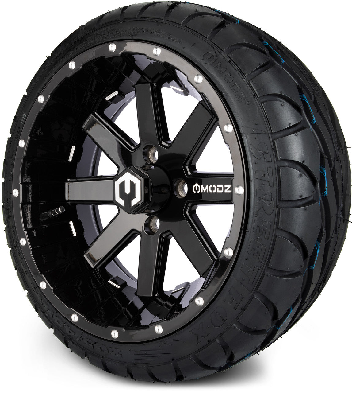 MODZ® 14" Assault Glossy Black with Ball Mill Wheels & Street Tires Combo (Odyssey Tesseract Steel Belted Radial 215/35-14)