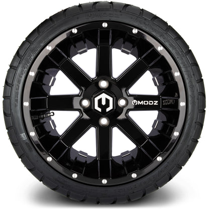 MODZ® 14" Assault Glossy Black with Ball Mill Wheels & Street Tires Combo (Odyssey Tesseract Steel Belted Radial 215/35-14)