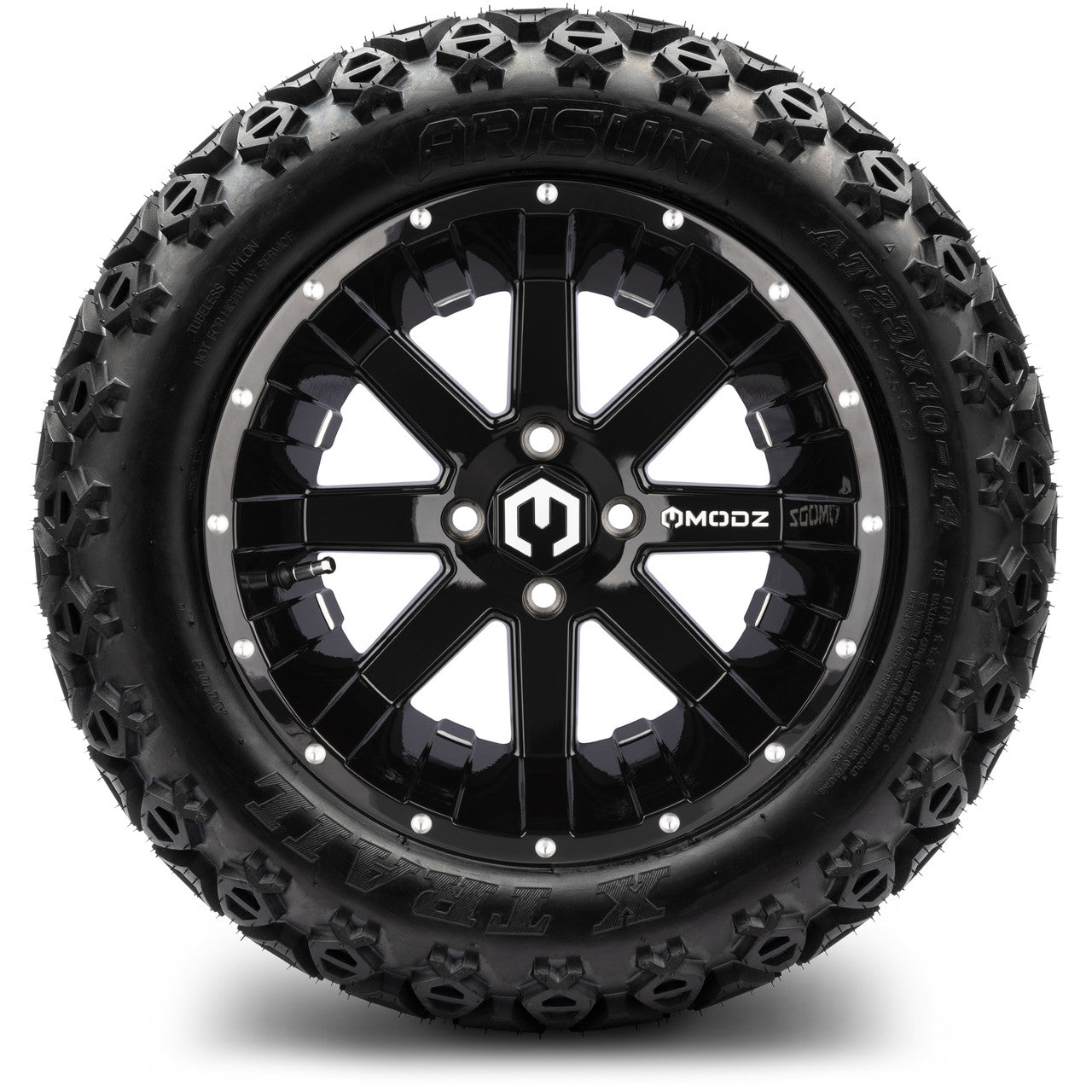 MODZ® 14" Assault Glossy Black with Ball Mill Wheels & Off-Road Tires Combo (Arisun X-Trail All-Terrain 23x10-14)
