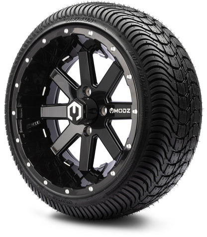 MODZ® 14" Assault Glossy Black with Ball Mill Wheels & Street Tires Combo (Odyssey Tesseract Steel Belted Radial 215/50-14)
