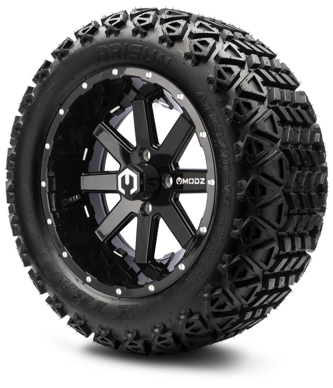 MODZ® 14" Assault Glossy Black with Ball Mill Wheels & Off-Road Tires Combo (Xcomp Gladiator 23-10-14 Radial)