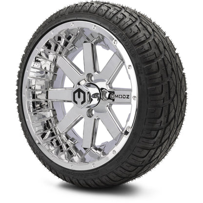 MODZ® 14" Assault Chrome Wheels & Street Tires Combo (Odyssey Tesseract Steel Belted Radial 215/35-14)
