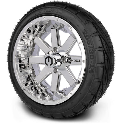MODZ® 14" Assault Chrome Wheels & Street Tires Combo (Odyssey Tesseract Steel Belted Radial 215/35-14)