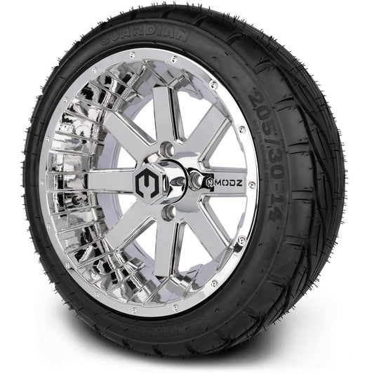 MODZ® 14" Assault Chrome Wheels & Street Tires Combo (MODZ Guardian 205/30-14)