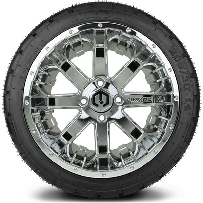 MODZ® 14" Assault Chrome Wheels & Street Tires Combo (Odyssey Tesseract Steel Belted Radial 215/35-14)